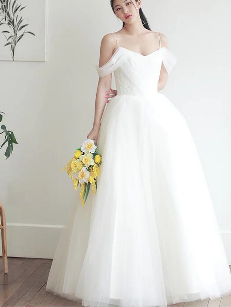 Spaghetti Strap Tulle Wedding Dress Floor Length Applique Princess Boho Bride Dresses