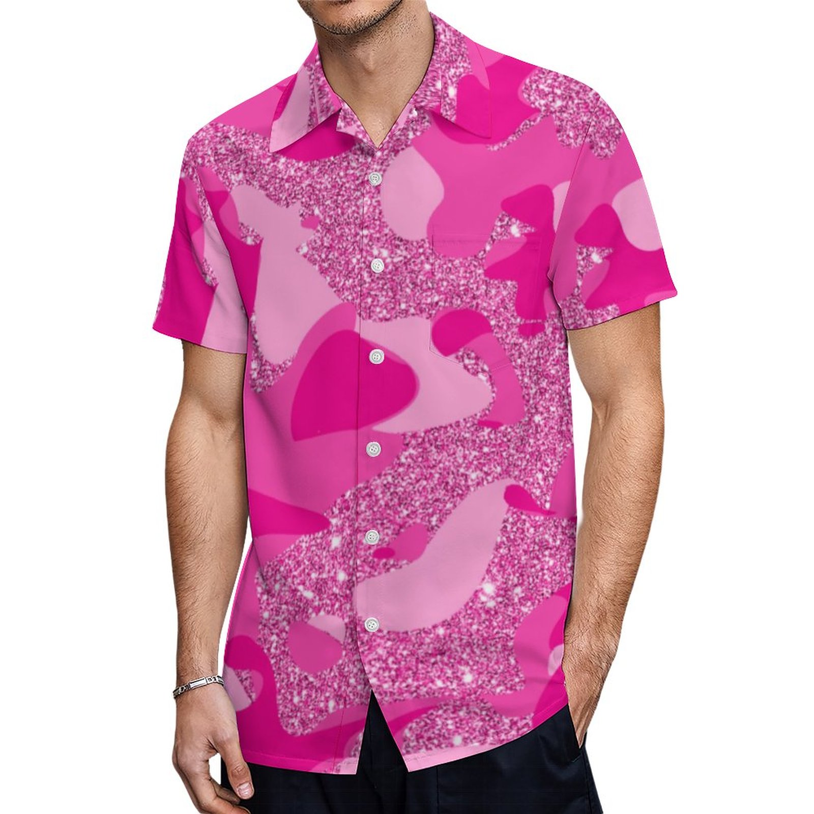 Girly Pink Glitter Camouflage Pattern Stylish Camo Hawaiian Shirt Mens Button Down Tropical Hawaii Beach Shirts