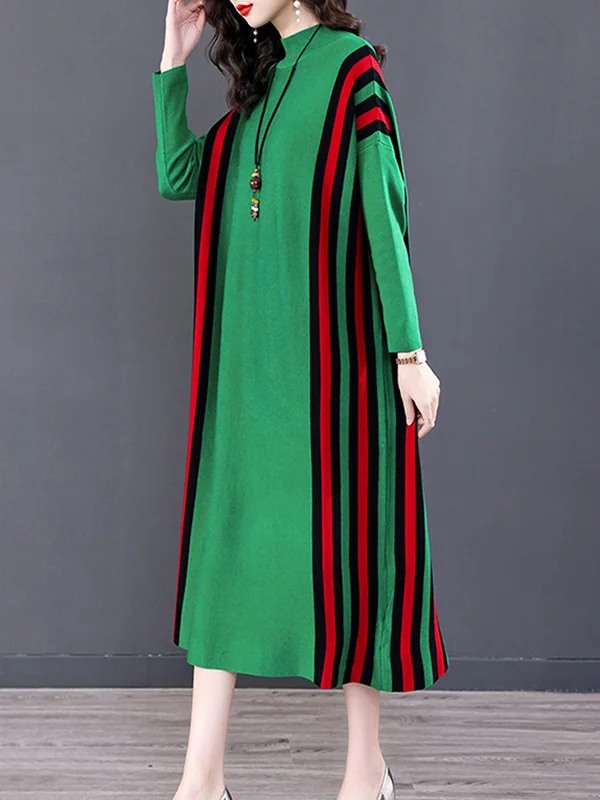 Original Roomy Long Sleeves Contrast Color Striped High-Neck Sweater Dresses