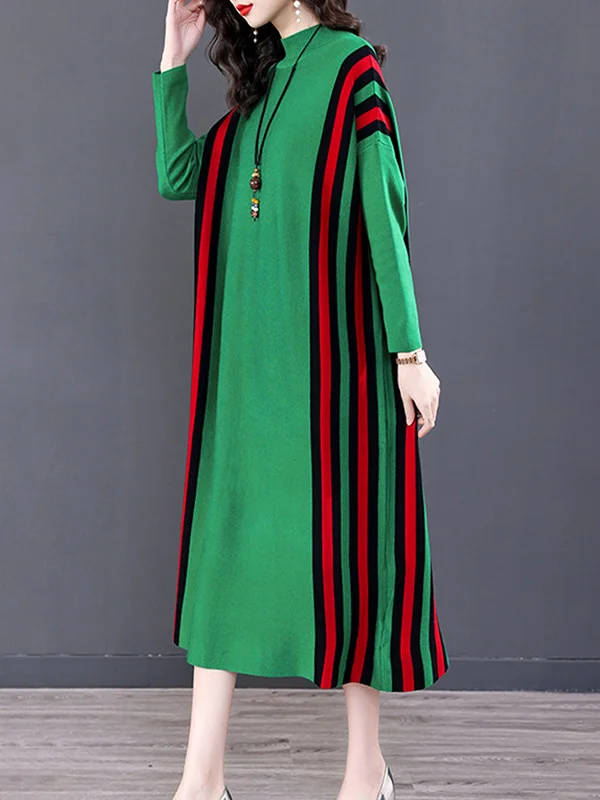 Original Loose Long Sleeves Contrast Color Striped High-Neck Sweater Dresses