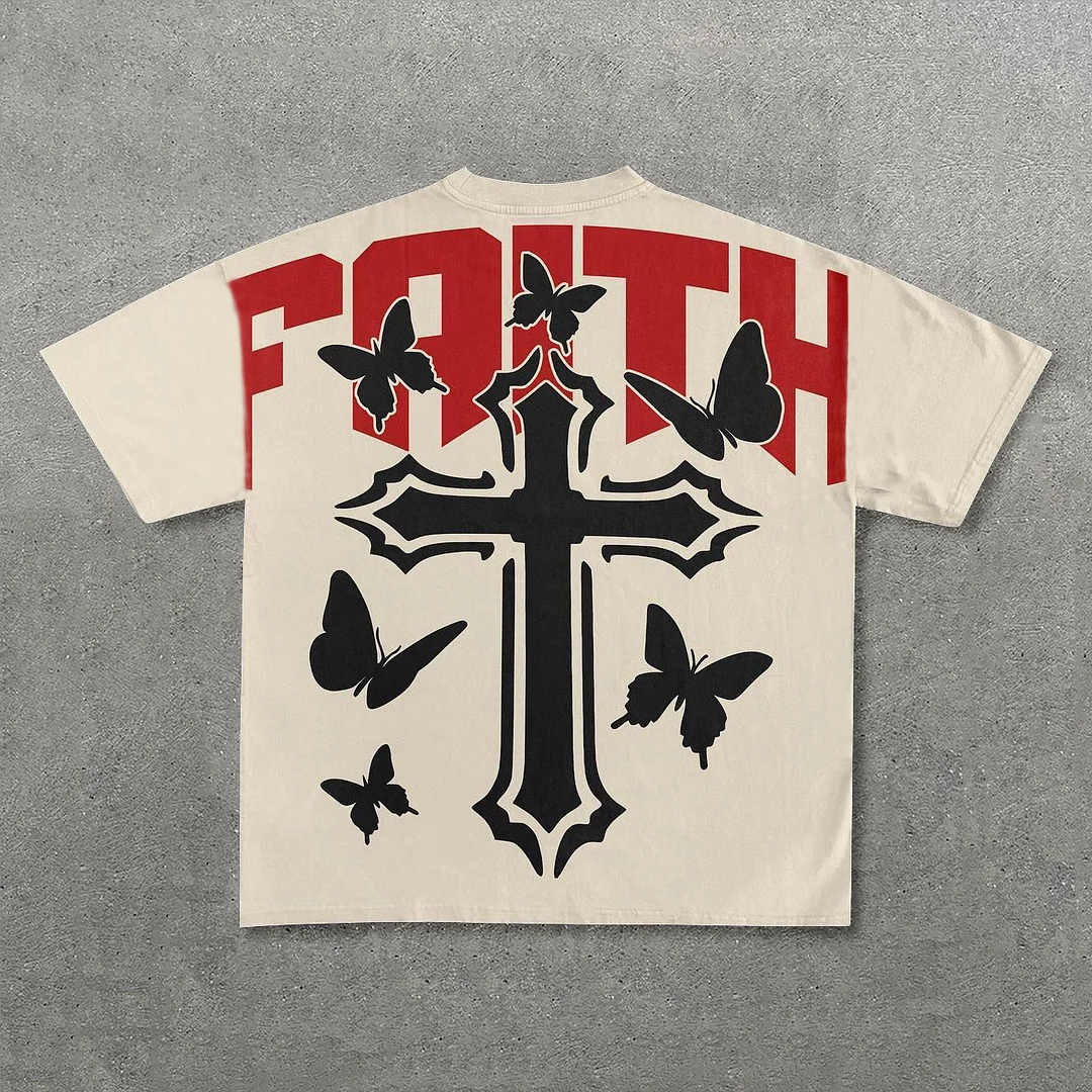 Loveciss®/ Faith Cross Butterfly Print Cotton Short Sleeve T-Shirt