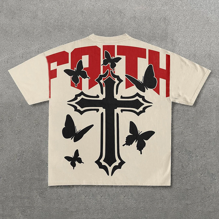 Faith Cross Butterfly Print Cotton T-Shirt