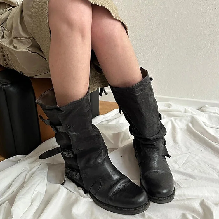 Women's Outer Wear Retro Side Zipper Distressed Pants Tube Boots