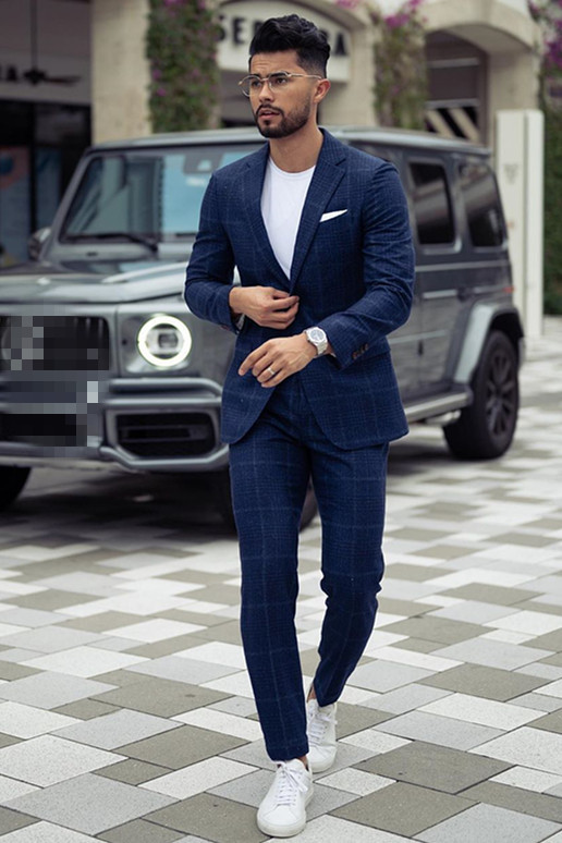 Handsome Dark Navy Prince Suit For Groom With Plaid Notched Lapel - lulusllly
