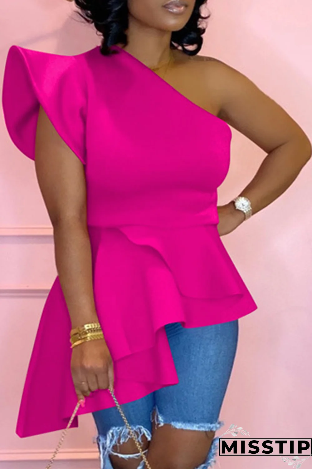 Blue Street Solid Flounce One Shoulder T-Shirts