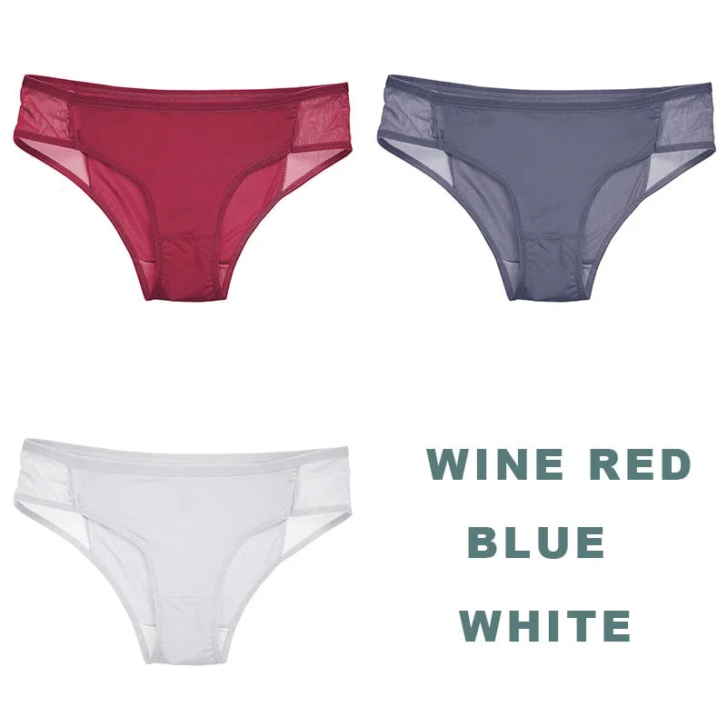 3PCS/Set Side Mesh Sexy Panties Perspective Underwear Women Briefs Female Underpants Solid Color Intimates Lingerie Lace Panties