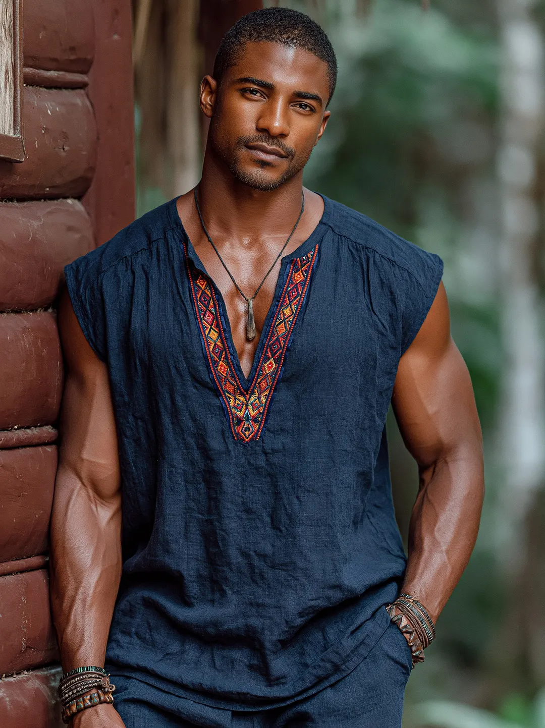 Men's Linen Cotton Sleeveless V-Neck Embroidered Top Boho Style Summer Casual Wear-INSPIREUSE