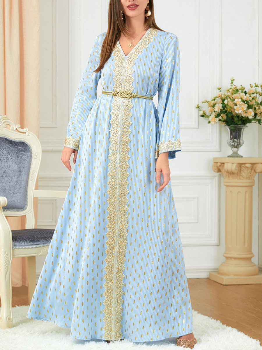 Golden Printed Belt Design V Neck Long Sleeve Blue Dress | Oxredo Shop Ramadan Sale