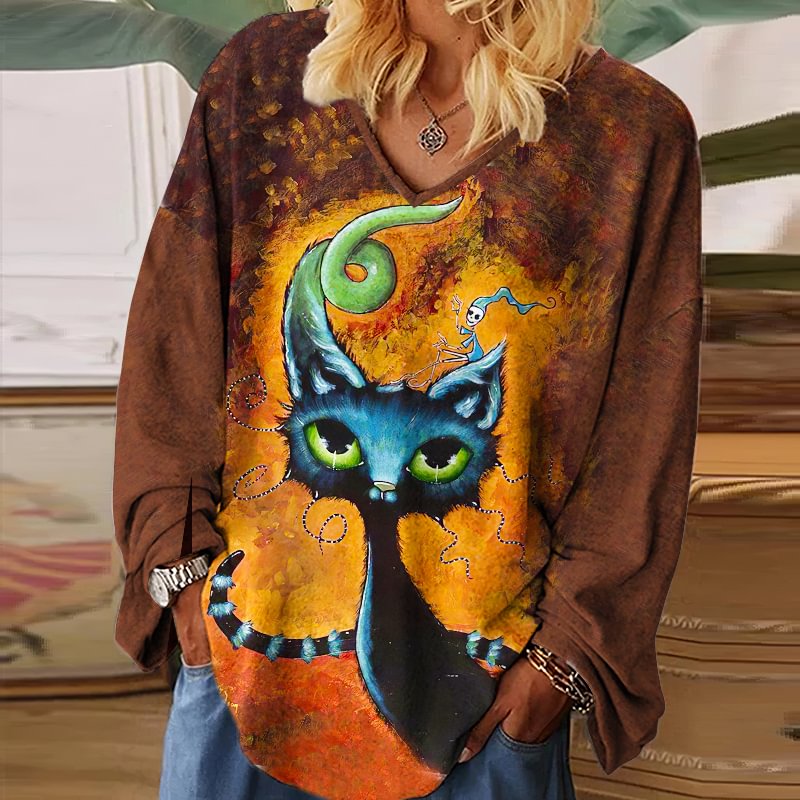 Women Casual Black Cat Design Halloween Blouse