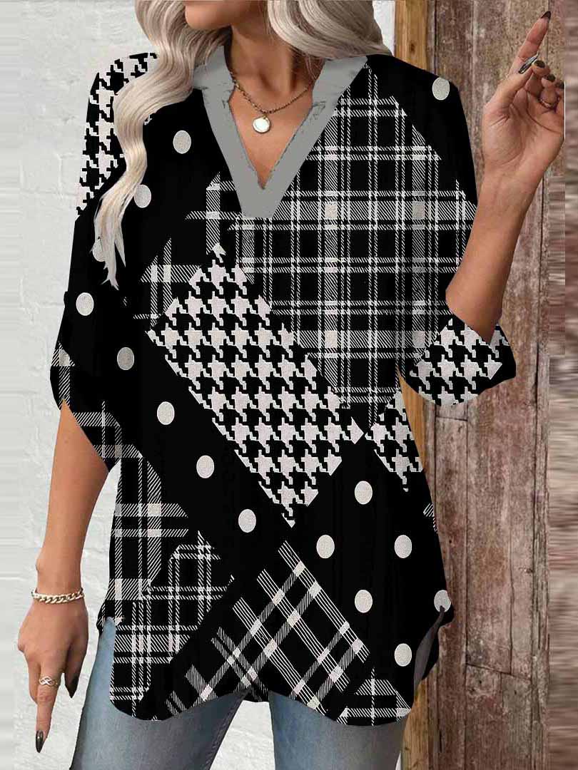Women Checked,Polka-Dot,Black DZGA0317 3/4 Sleeve V-neck Printed Graphic Button Tops