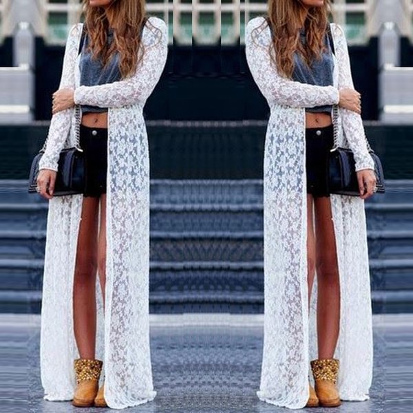 Women Lace Floral White Long Maxi Dress Boho Cardigan Jacket Coat Kimono Kaftan - Shop Trendy Women's Fashion | TeeYours