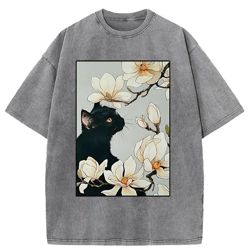 Cat Under Magnolia Blossoms Washed T-shirt elevenforest