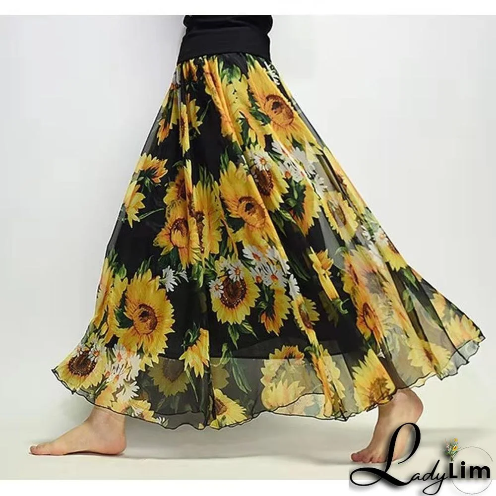 Drooping chiffon skirt, sweet style printed skirt, spring and summer ladies beach skirt