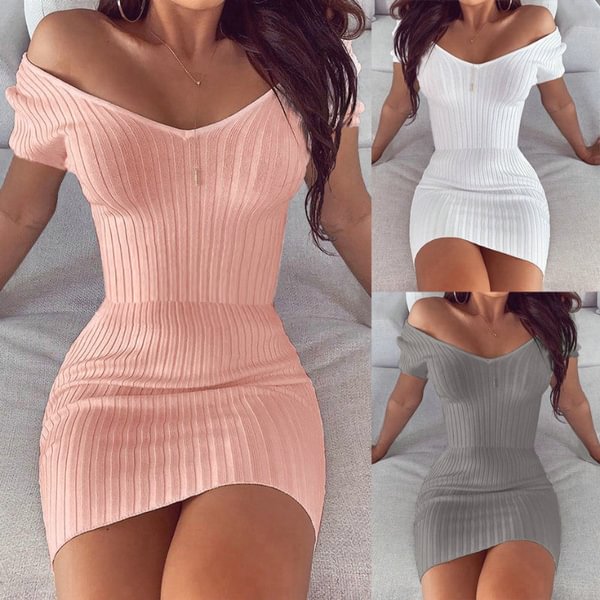 Fashion Women V-neck Bodycon Sexy Knitted Dresses Petal Cuff Pullover Mini Solid Dress for Woman