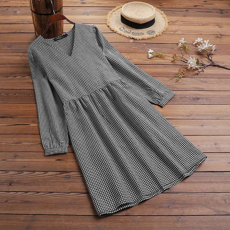 ZANZEA Fashion Printed Plaid Dress 2022 Summer Loose Vestido Women Vintage Long Sleeve Robe Ladies Casual Holiday Dress Oversize