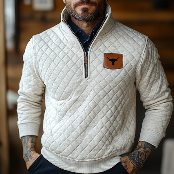 Men's Vintage Western Texas Longhorn Zip-Up Stand Collar Waffle Sweatshirt