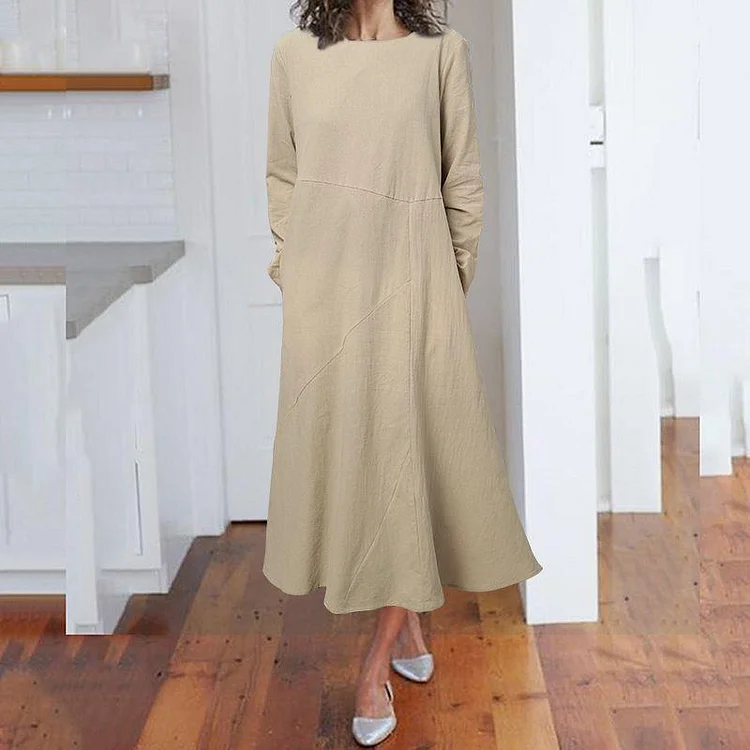 2021 Autumn Long Sleeve Vintage Long Vestidos Robe Pockets Cotton Dress
