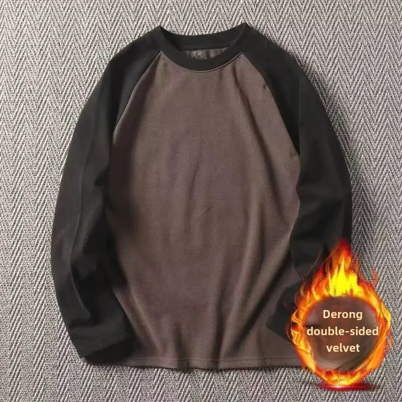 Vintage Style American Sweatshirt Men's Loose-Fit Trendy Brand Color Block Shoulder Insert Long Sleeve Round Neck Top For Autumn