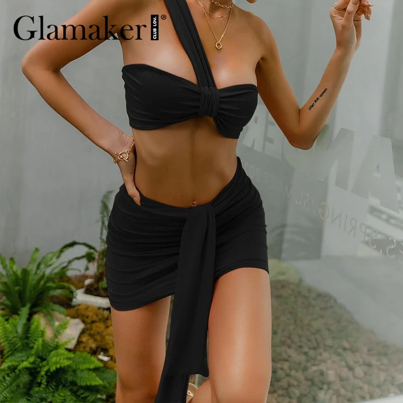 Glamaker Red knitted 2 piece suits Crop top and skirt lady sets Holiday women fashion sexy bandage elegant pleated dress 2021new