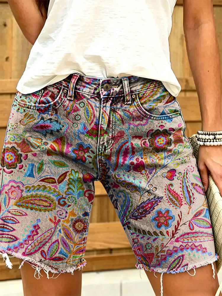 Ethnicity Bohemia Geometry Flowers Women's Art Print Casual Denim Shorts