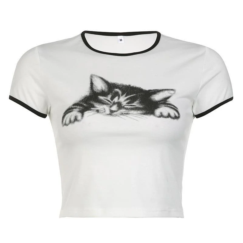 Brownm Brownm Summer New Spice Girl Street Fashion Strip Bump Color Cat Print Round Neck Crop T-Shirt