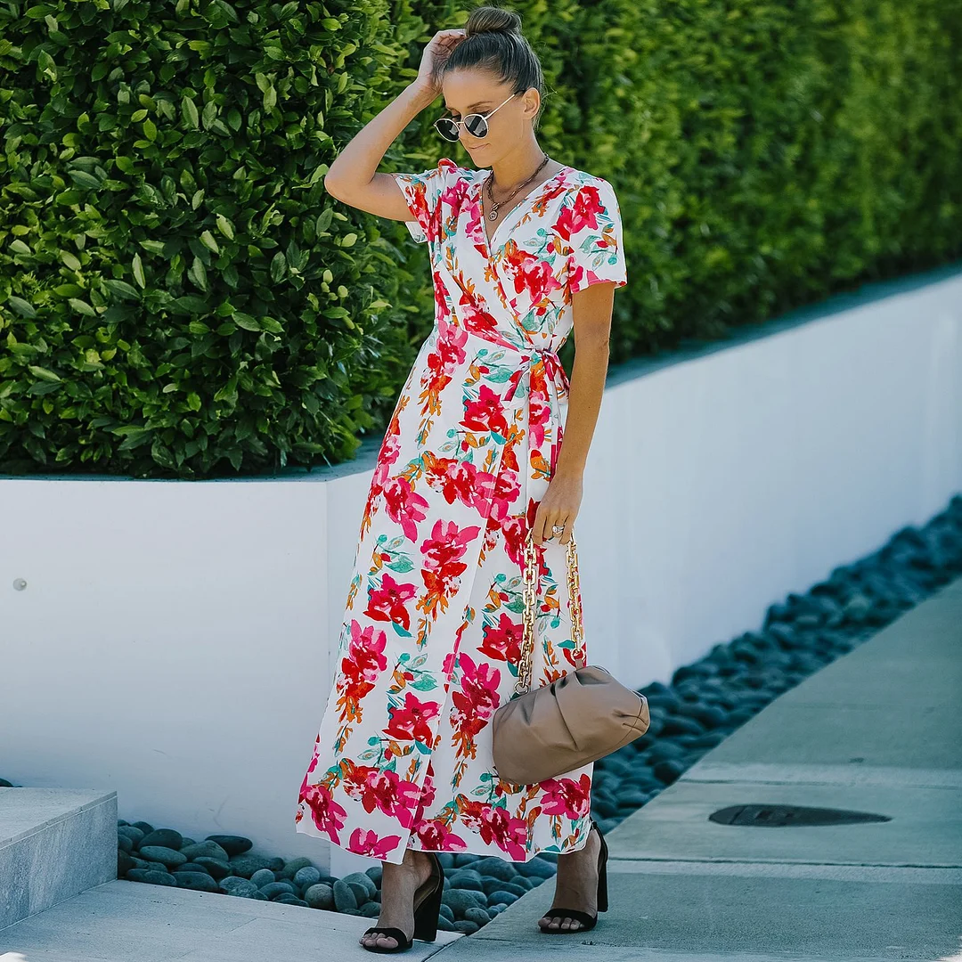 Split Skirt Fashion V-Neck Printed Dress Black Dresses