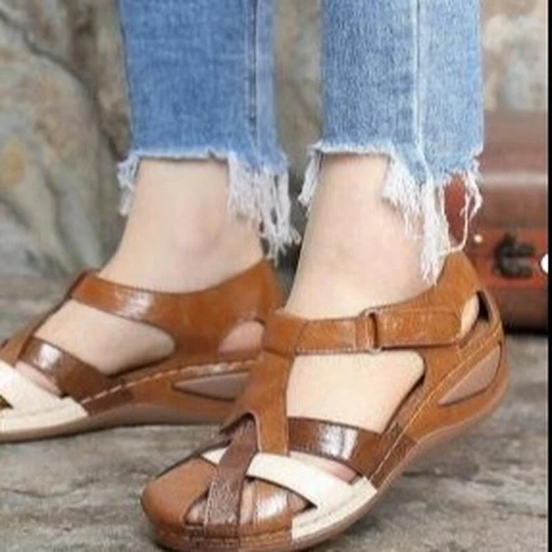 2020 New Summer Women's Sandals Fashion Velcro Wedge Casual Sandals Baotou Low Heel PU Roman Women's Shoes Zapatos De Mujer