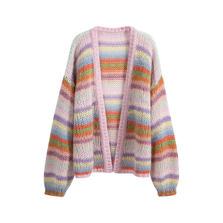 Colorblock Stripe Rainbow Knit Cardigan Sweater - Modakawa Modakawa
