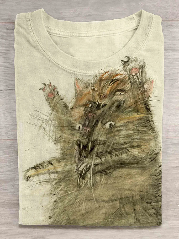 Vintage Cut Cat Print Casual T-shirt socialshop