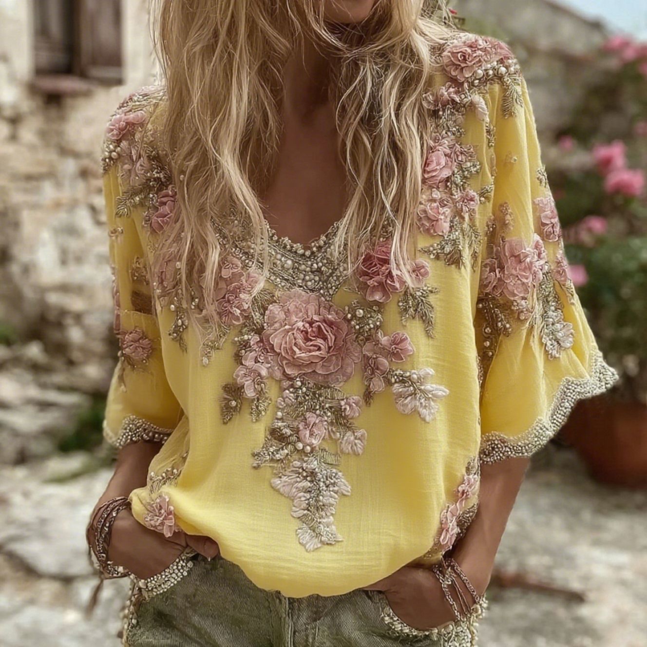 Women's Pink Rose Embroidery Art V-neck Short Sleeve Linen Blend T-shirt wearshes