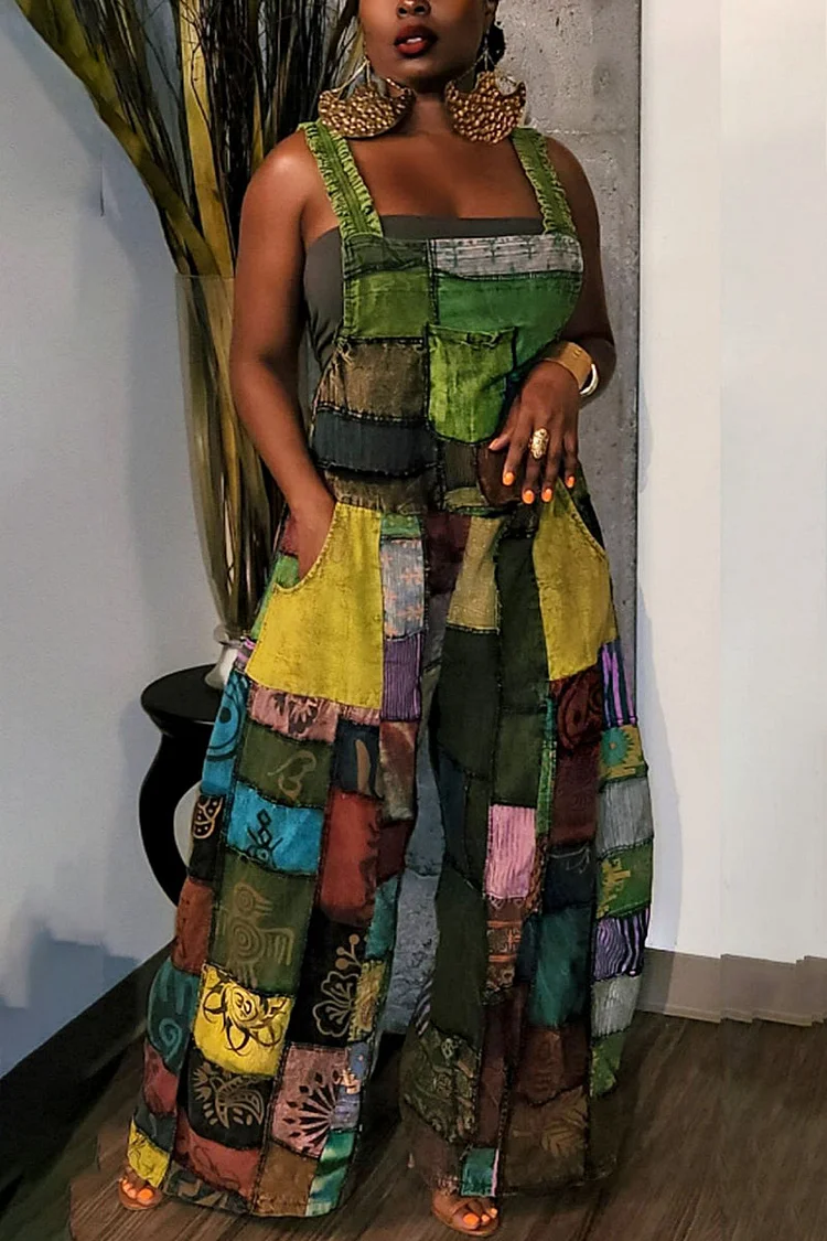 Patchwork Sleeveless Square Neck Wide Leg Jumpsuit