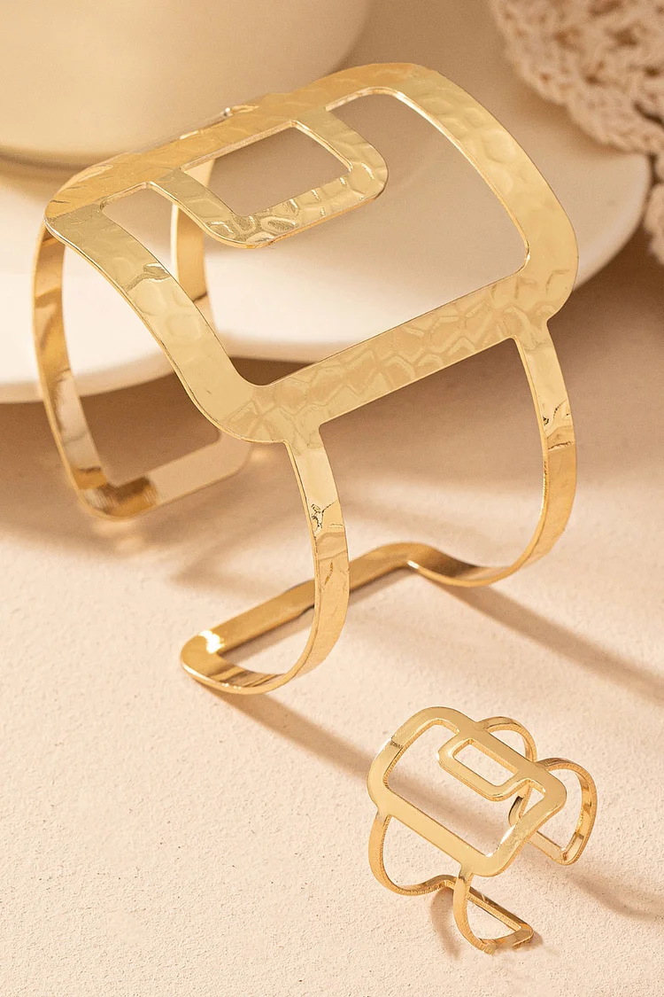 Party Geometric Square Hollow Splicing Textured Adjustable Open Bracelet Ring Jewelry Set 2024 - Xpluswear