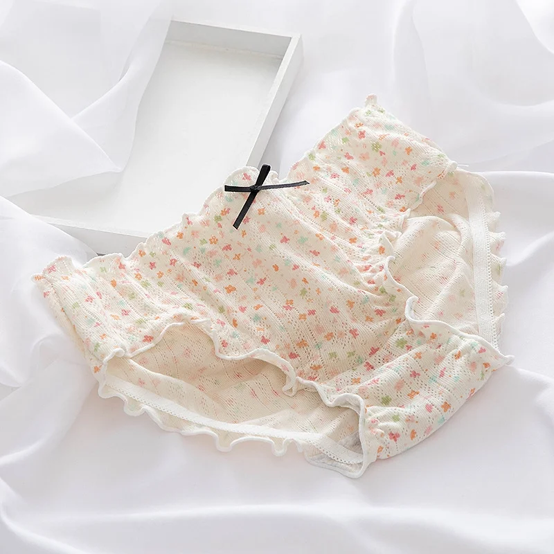 Billionm Comfortable Cotton Underwear Underwear Hollow Mesh Panties Pure Cotton Women Briefs Simple Mid-waist Ruffle