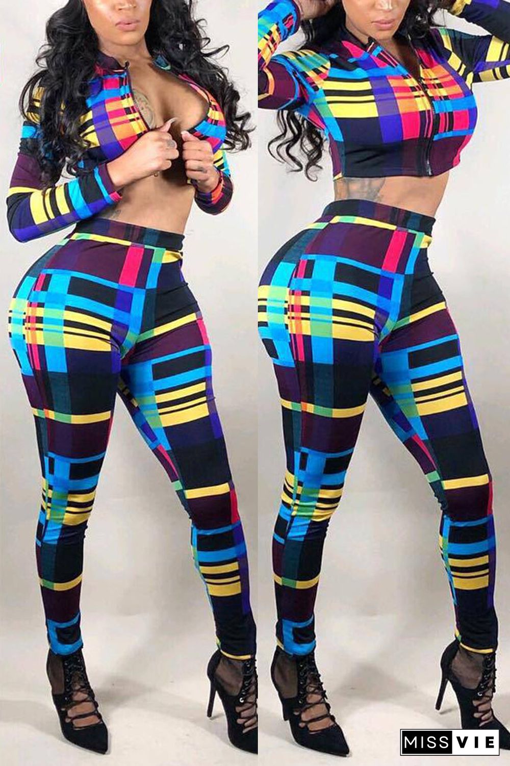 Fashion Sexy Print Basic Zipper Collar Long Sleeve Two Pieces