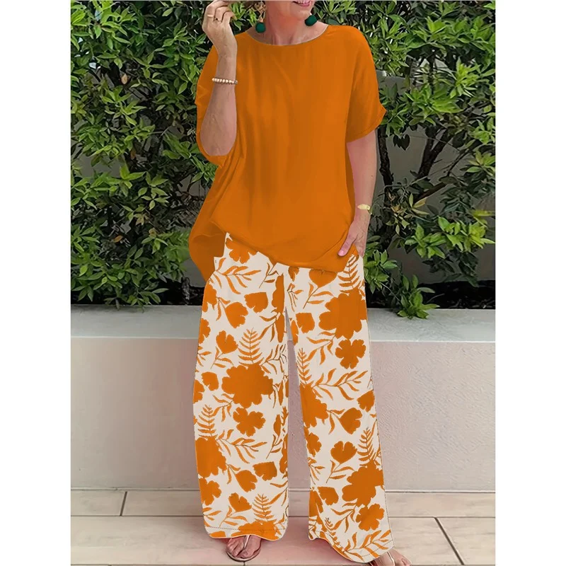 Athvotar Athvotar Plus Code Lady Two-Set Set Of Stylish Short-Sleeved Round Collar Top Wide Leg Trousers Print Casual Dress