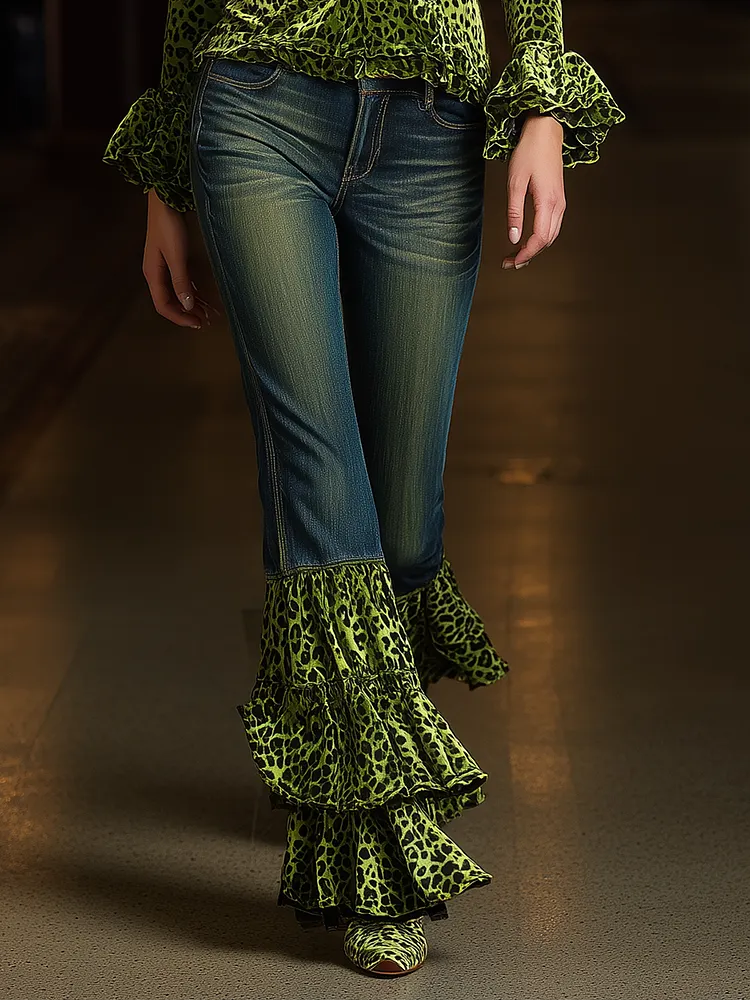 Vintage Distressed Blue-green Leopard Print Ruffled Jeans
