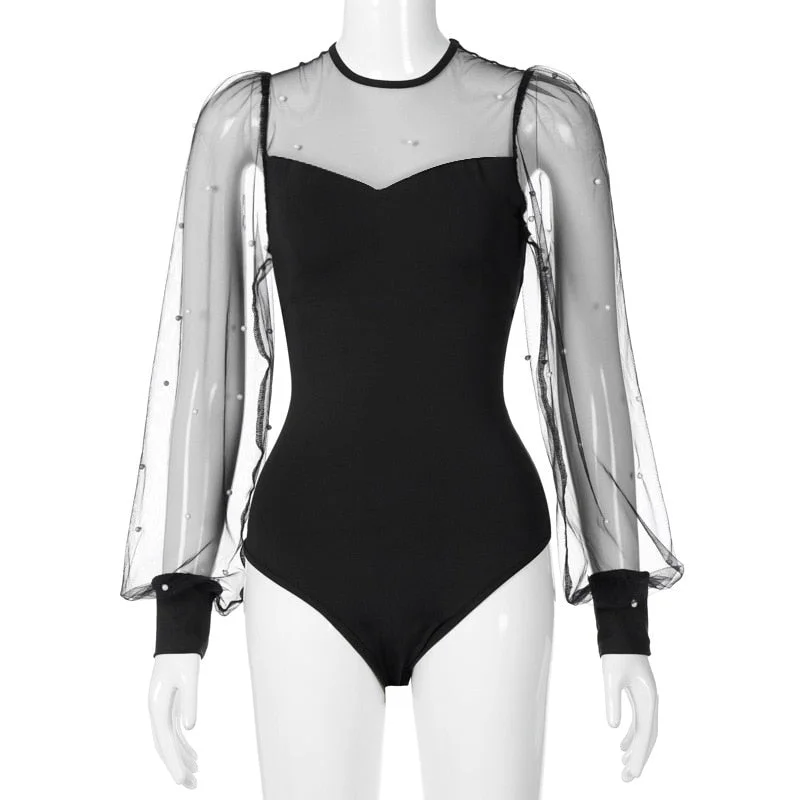 2021 Spring Women Bodysuit O-Neck Slim Elegant Office Lady Beading Black Mesh See Through Sleeve Patchwork Sexy Body Suit
