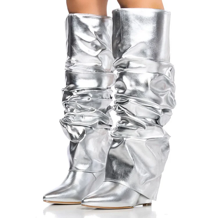 Silver Pointed Toe Fold-Over Knee High Wedge Boots |FSJ Shoes