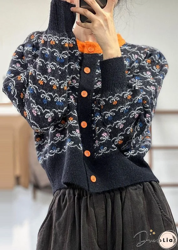 Plus Size Black O-Neck Jacquard Patchwork Knit Cardigans Winter