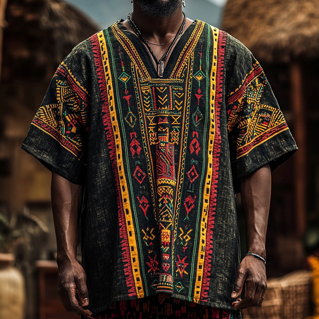 Men's African Ethnic Geometric Juneteenth Art Linen T-shirt
