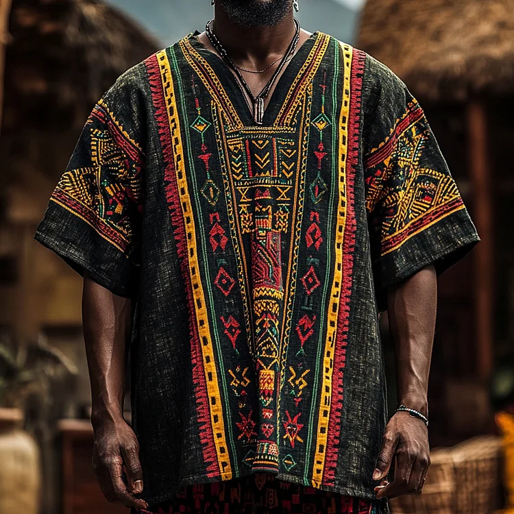 VChics Men's African Ethnic Geometric Juneteenth Art Linen T-shirt