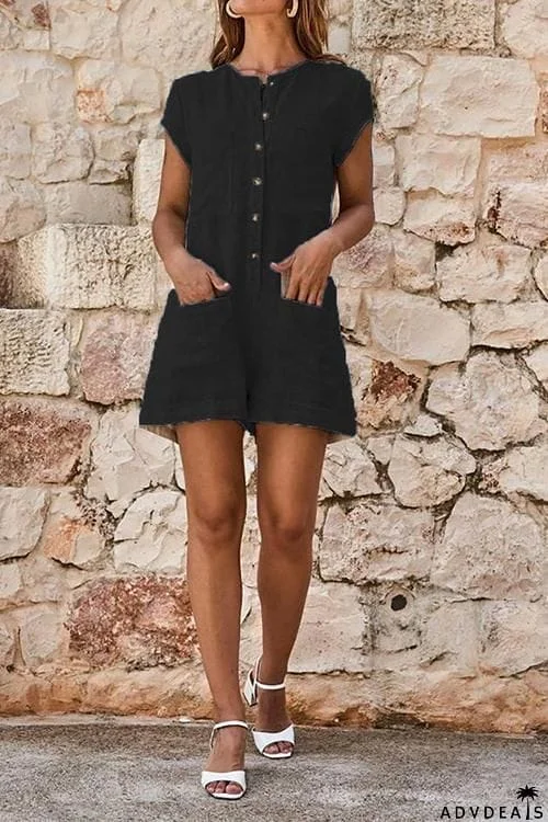 Button Pockets Short Sleeve Romper