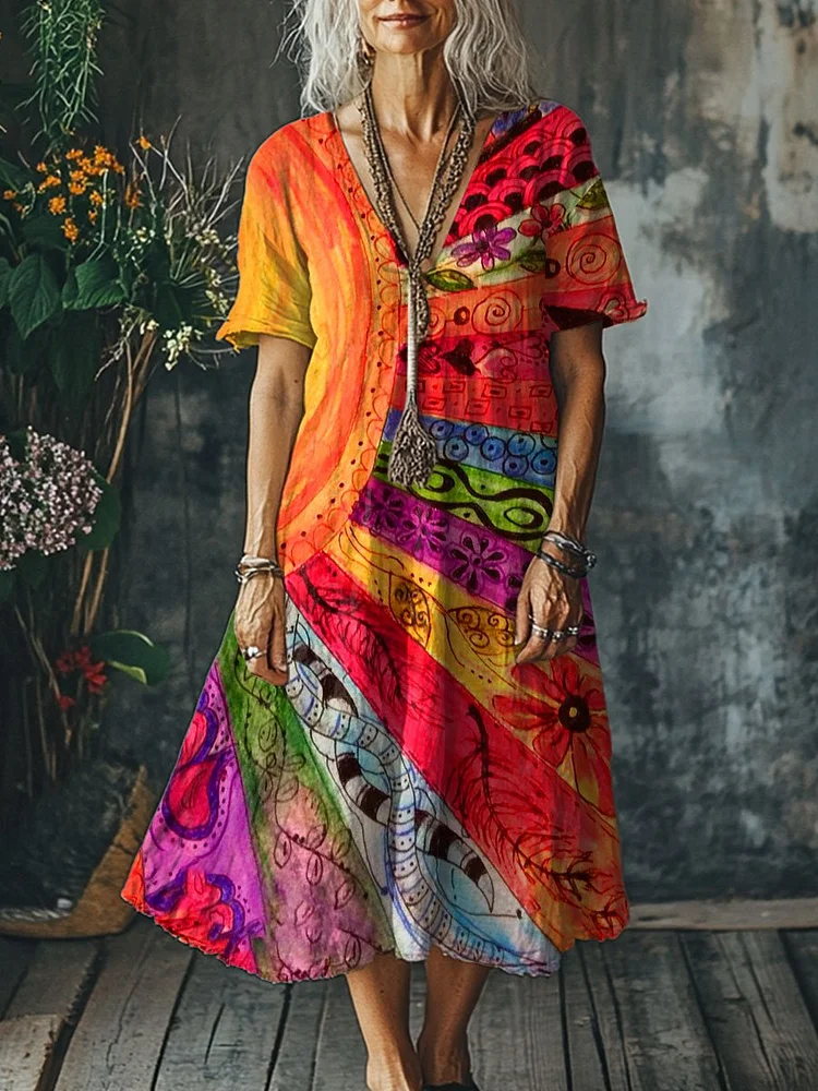 Women's Boho Vintage Art Print Pocket Cotton Dress