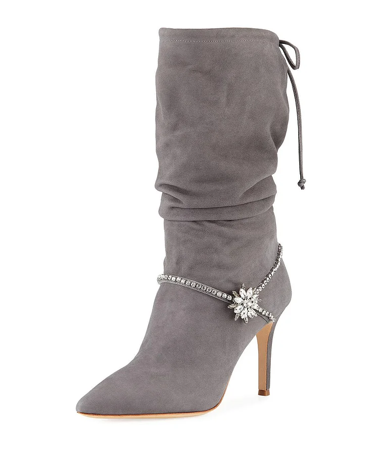 Grey Vegan Suede Slouch Boots Stiletto Heel Mid Calf Boots with Rhinestones |FSJ Shoes