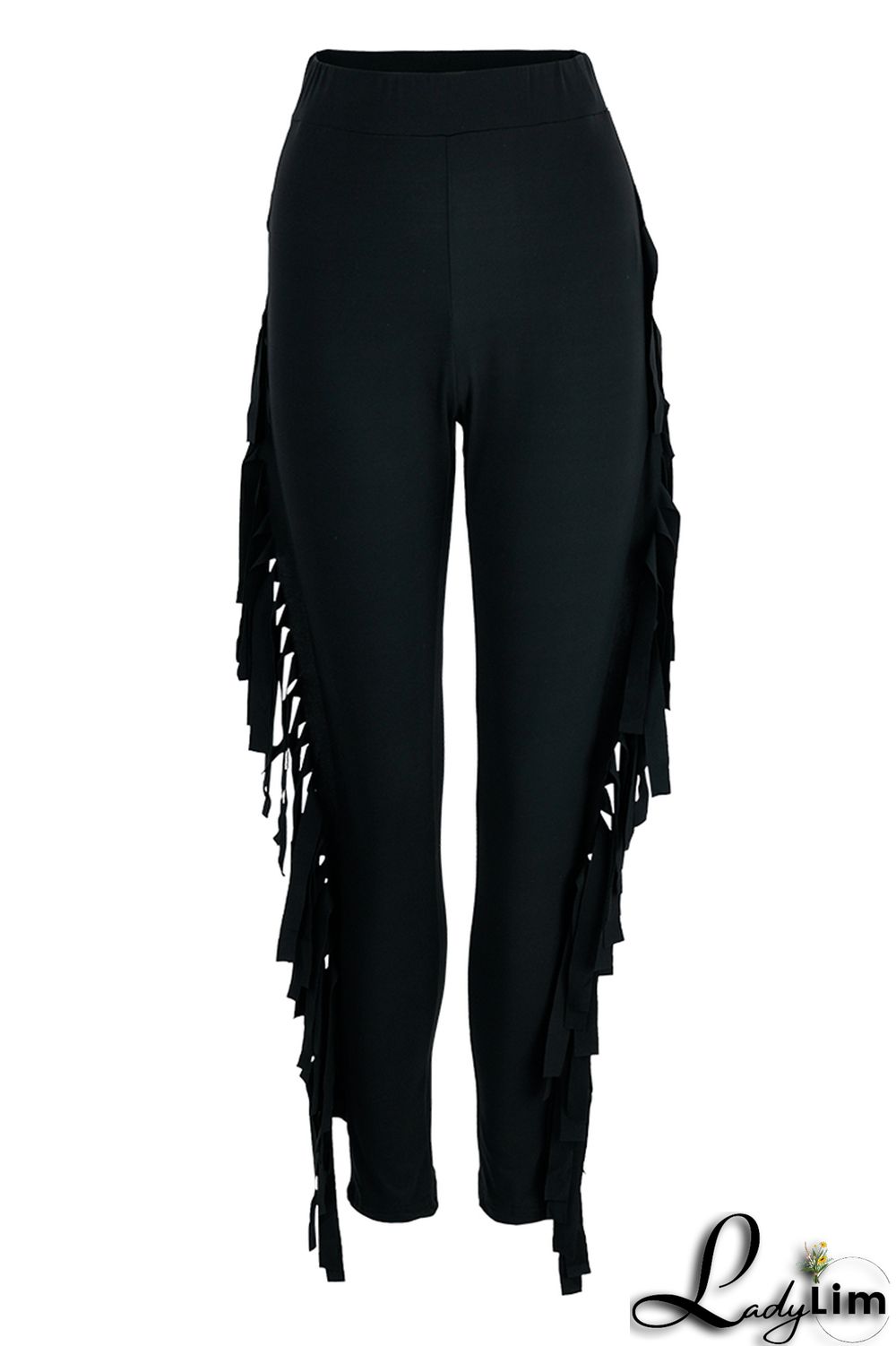 Black Fashion Casual Solid Tassel Regular High Waist Pencil Trousers