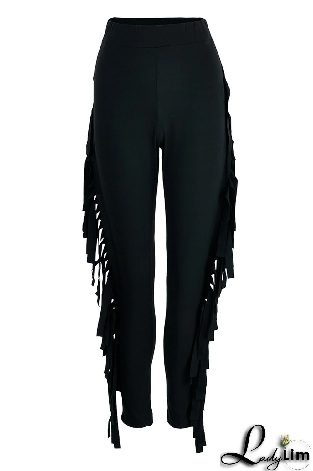 Black Fashion Casual Solid Tassel Regular High Waist Pencil Trousers