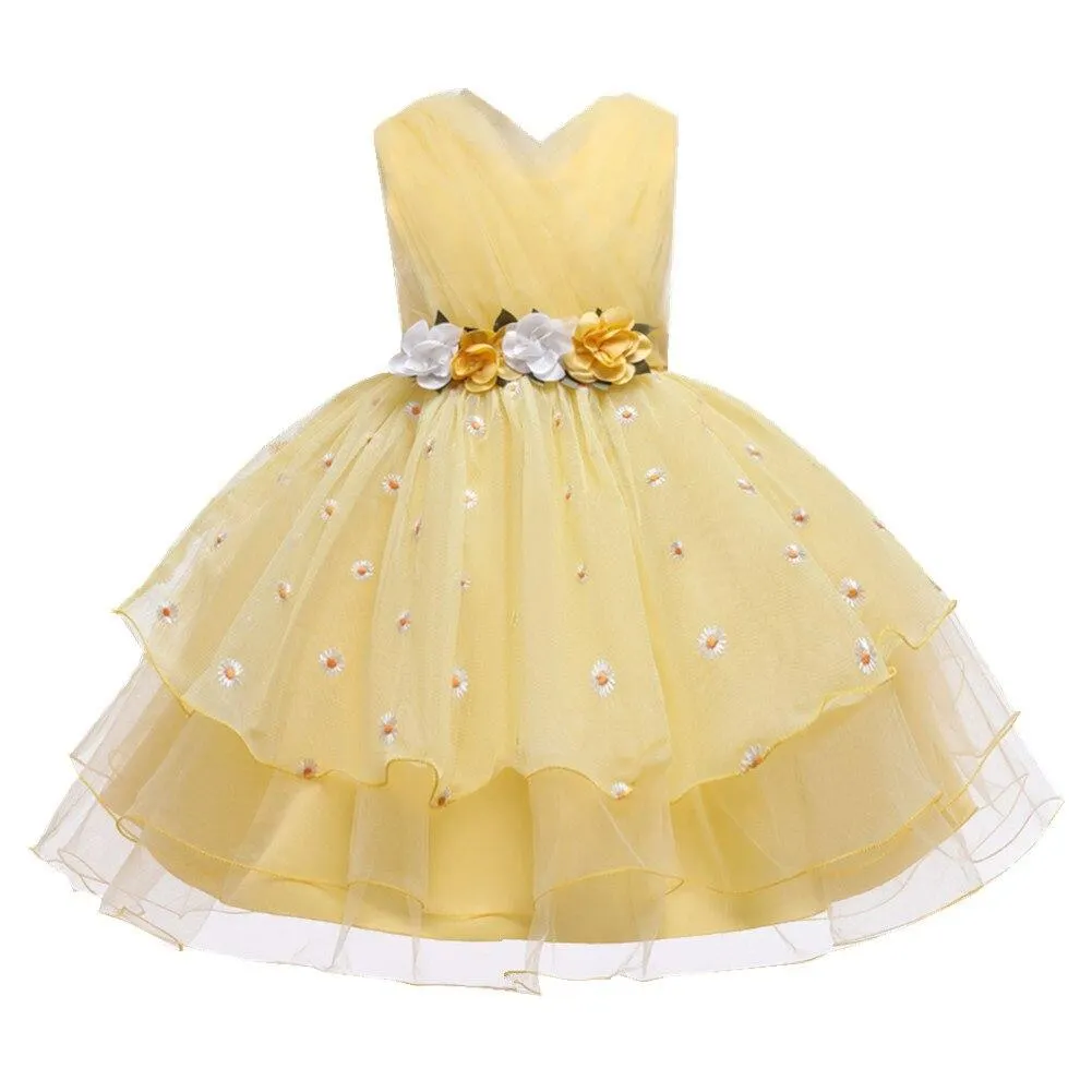 Child Yellow Layered Lovely Girls Birthday Dresses For Kids Fluffy V-neck Flower Little Girl Dress Knee-Length 2-8 Years Old