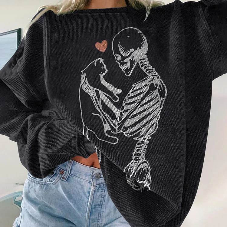 Vefave Skull Love Cat Print Sweatshirt