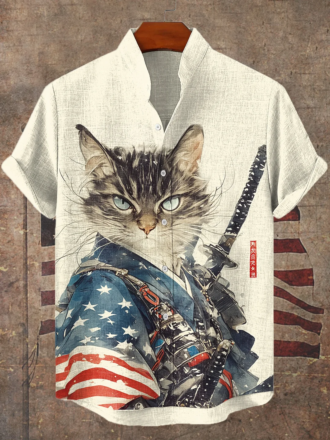 Men's Cool American Flag Cat Warrior Ink Art Short Sleeve Linen Blend Shirt