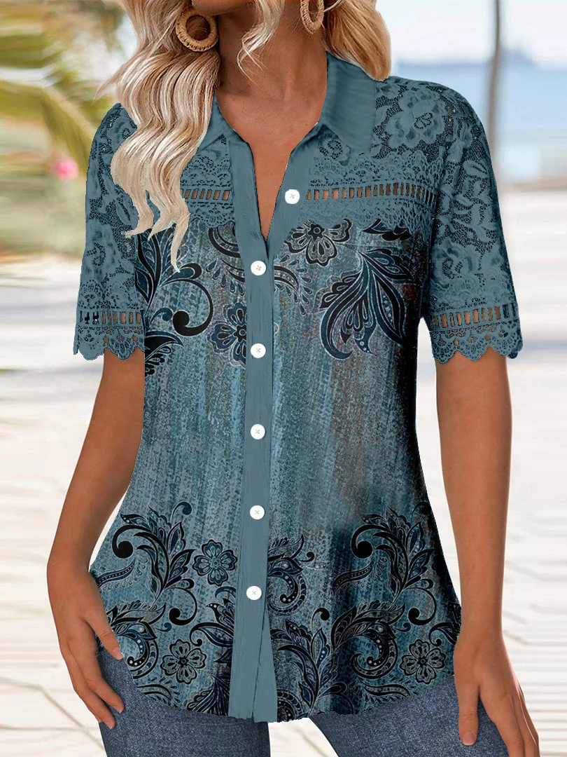 Women's Short Sleeve V-neck Graphic Lace Top